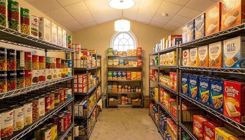 A pantry room shelf with canned vegetables, rice boxes and cereal arranged in neat rows under warm ceiling light.