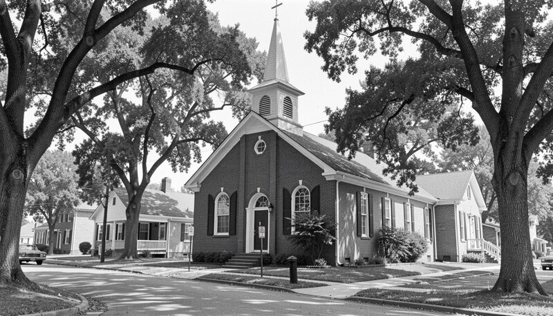 A red brick church with white trim and a modest white steeple seen from a leafy residential street in Georgia in late afternoon light.